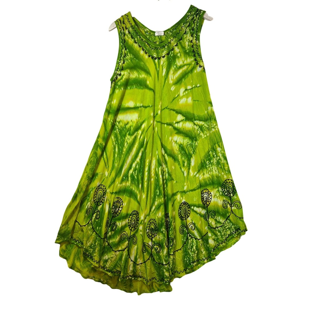 Asha Women Lime Green Tie Dye Embroidered‎ Handkerchief Hem Boho Dress